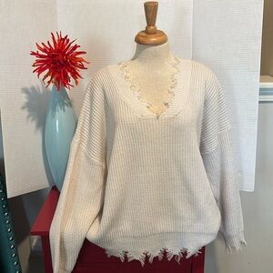 XL Zenana Distressed Beige Sweater